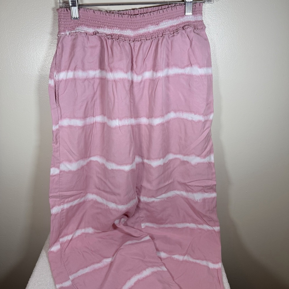 BeachLunchLounge Women's M Pull On Wide Leg Pant Pink White Beach Boho Linen